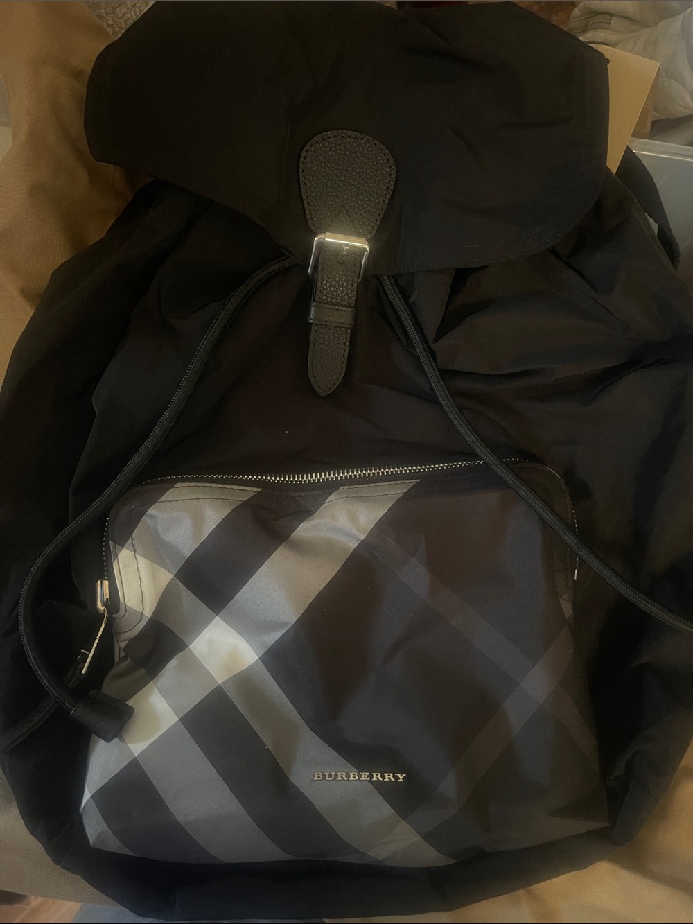 NWT Authentic Burberry Black and Gray Check Drawstring Backpack lightweight